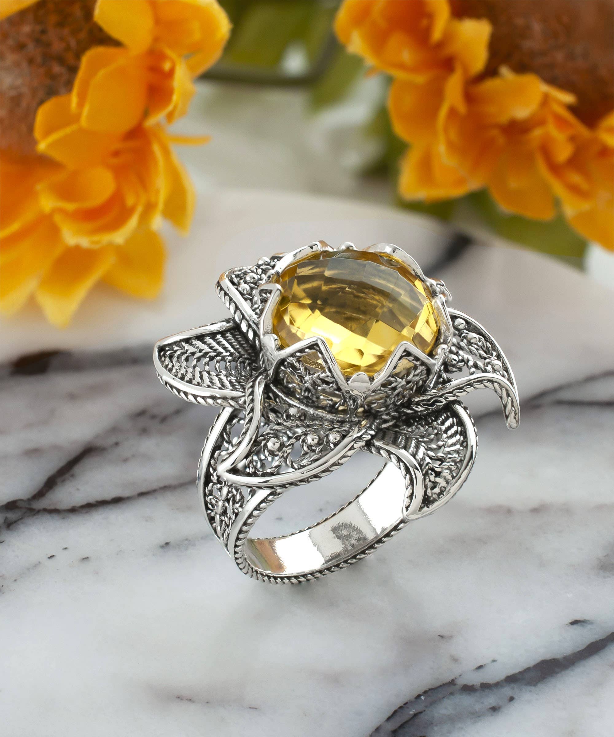 Art Lotus Flower Citrine Gemstone Women Silver Ring: 7