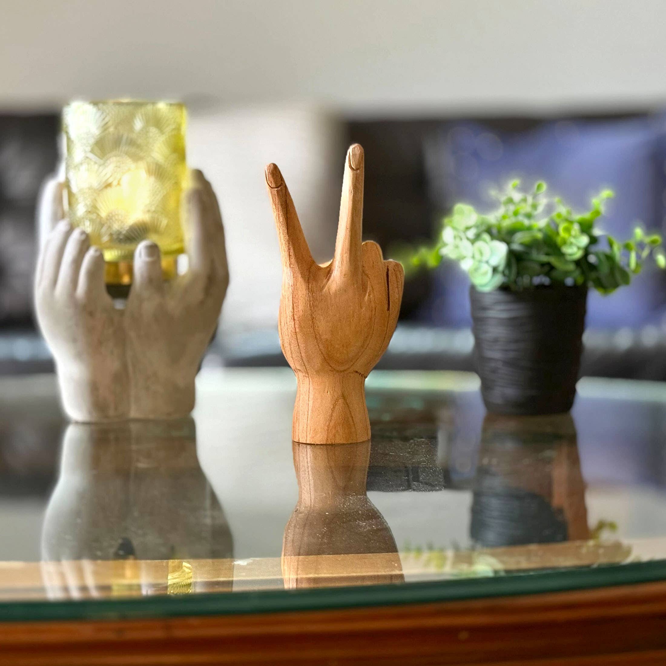 Carved Wood Peace Sign Hand Gesture Statue 7.75 Inch