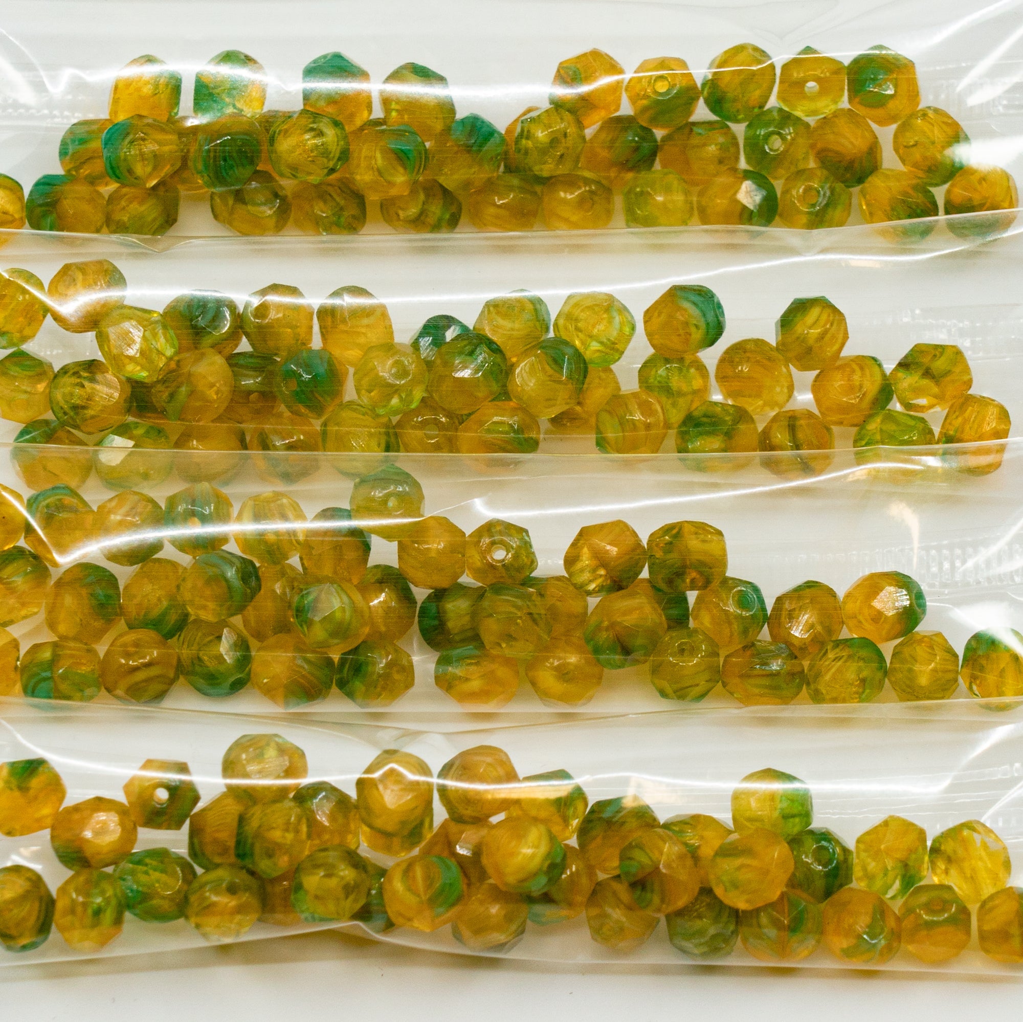 OUTLET 10 grams Faceted Round Fire Polished Beads, 6 x 6 mm, Orange Green Uran (orange-green-uran), Glass, Czech Republic
