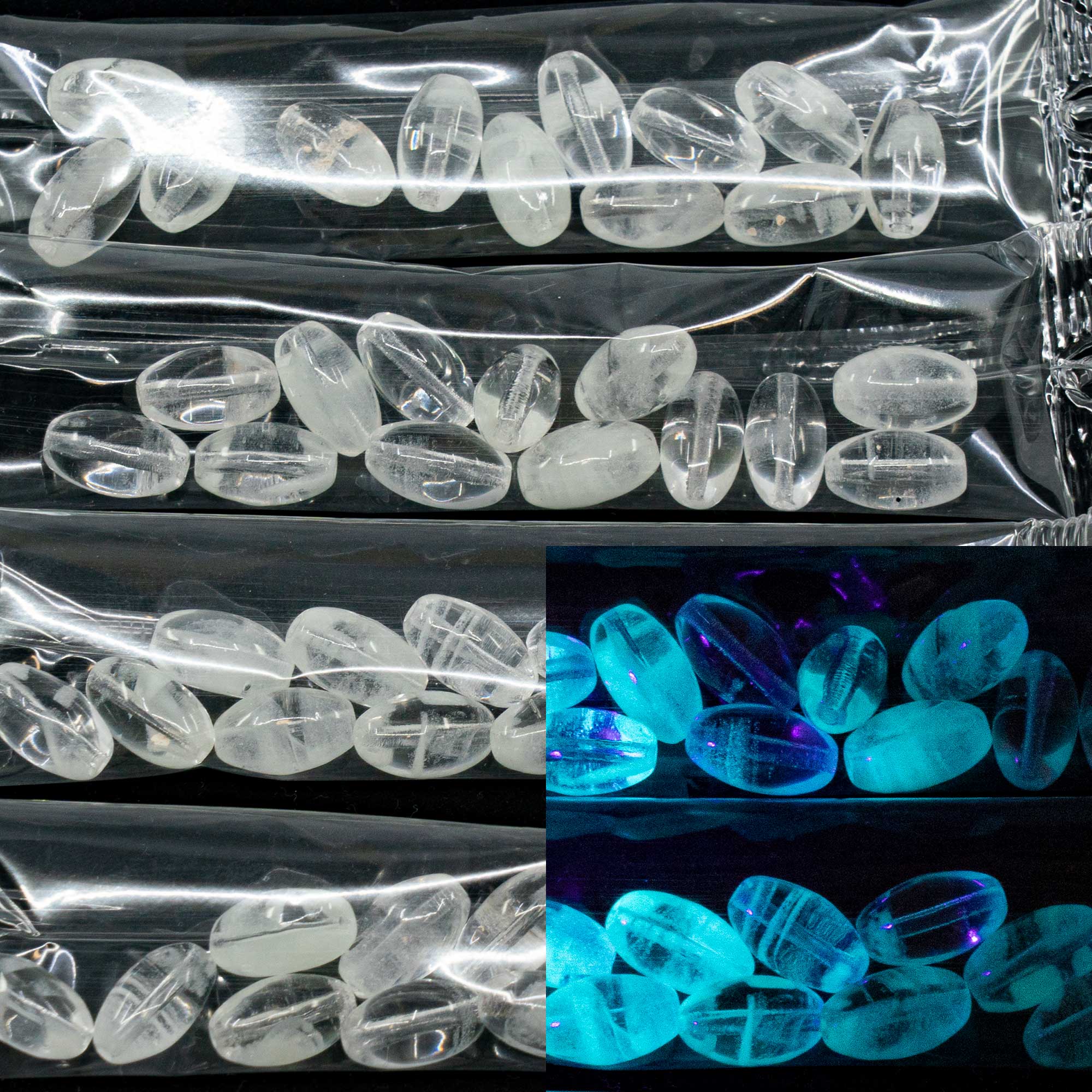 OUTLET 10 grams Olive Oval Pressed Glass Beads, 12 x 7 mm, Crystal Glow Stripes (00030-88035), Glass, Czech Republic