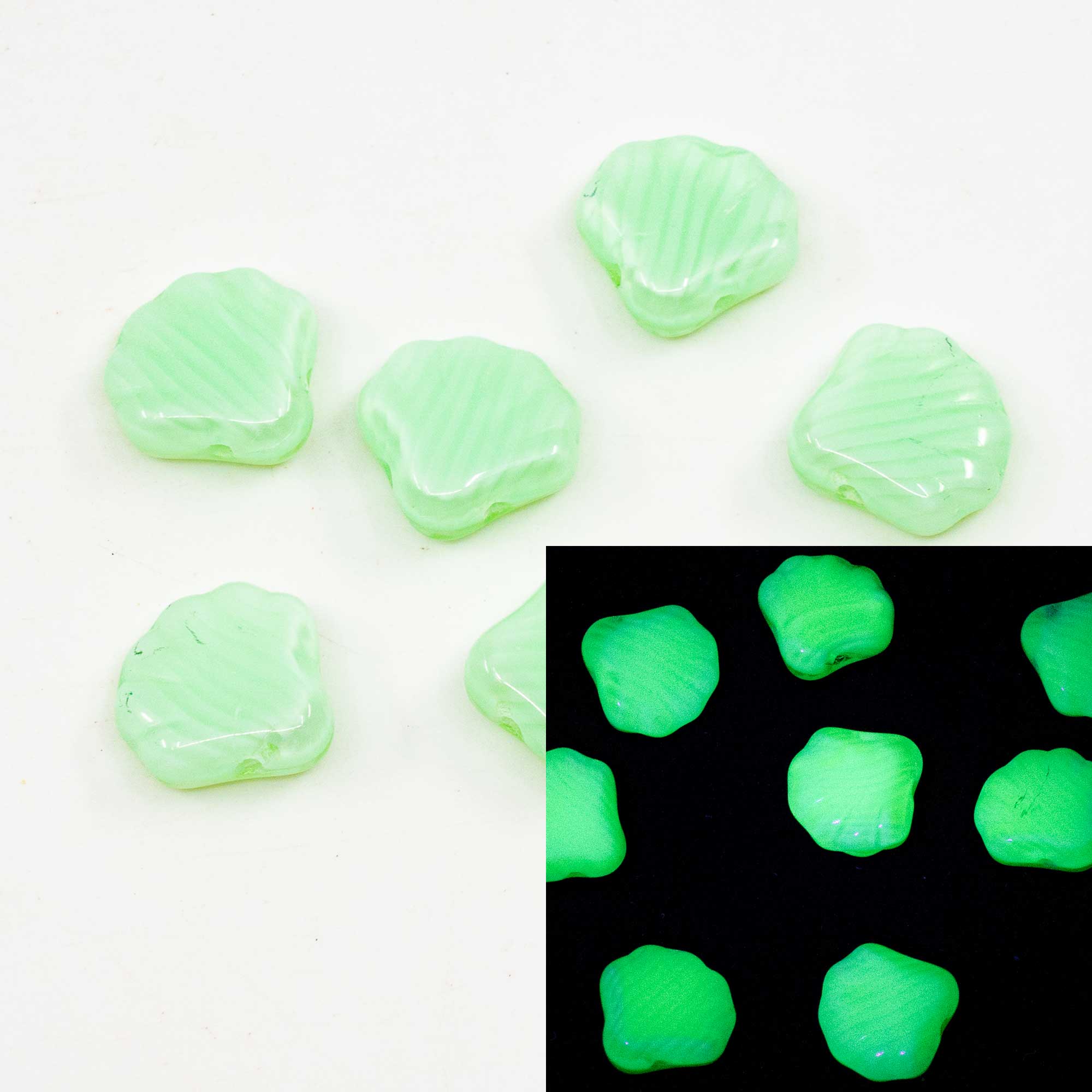 OUTLET 10 grams Seashell Beads, 14 x 14 mm, Green Striped Glass (56207), Glass, Czech Republic