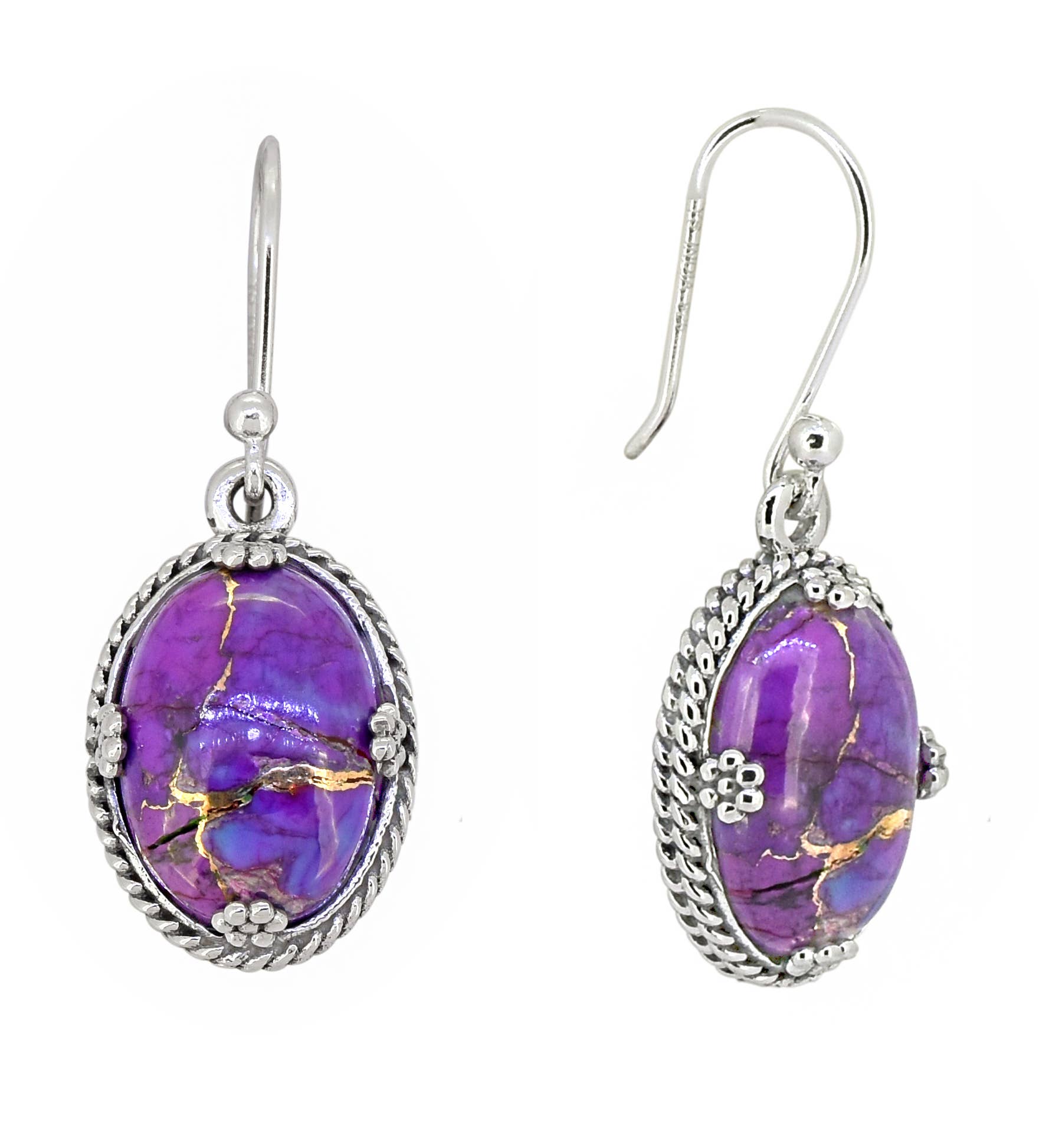 Purple Copper Turquoise 925 Sterling Silver Dangle Earrings