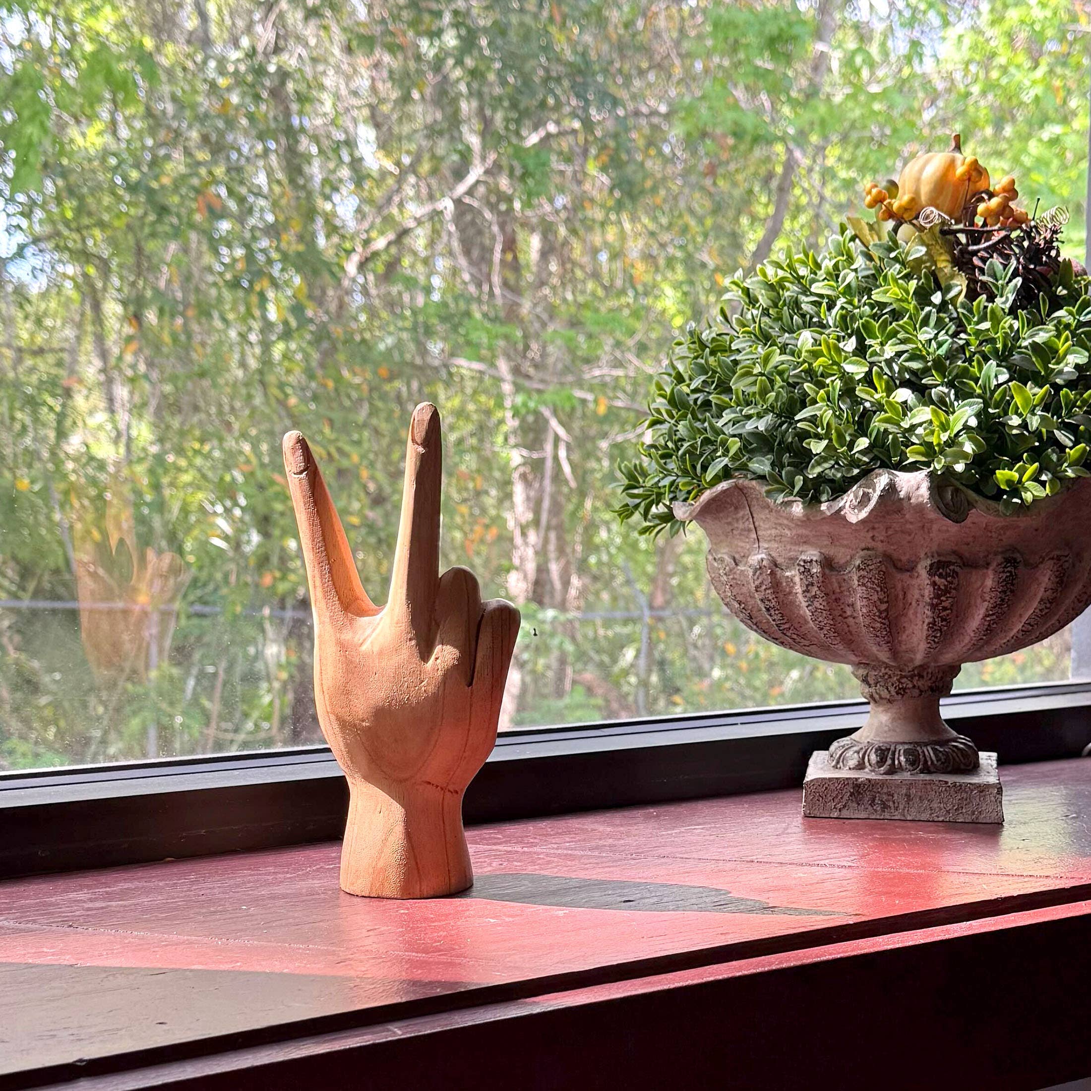 Carved Wood Peace Sign Hand Gesture Statue 7.75 Inch