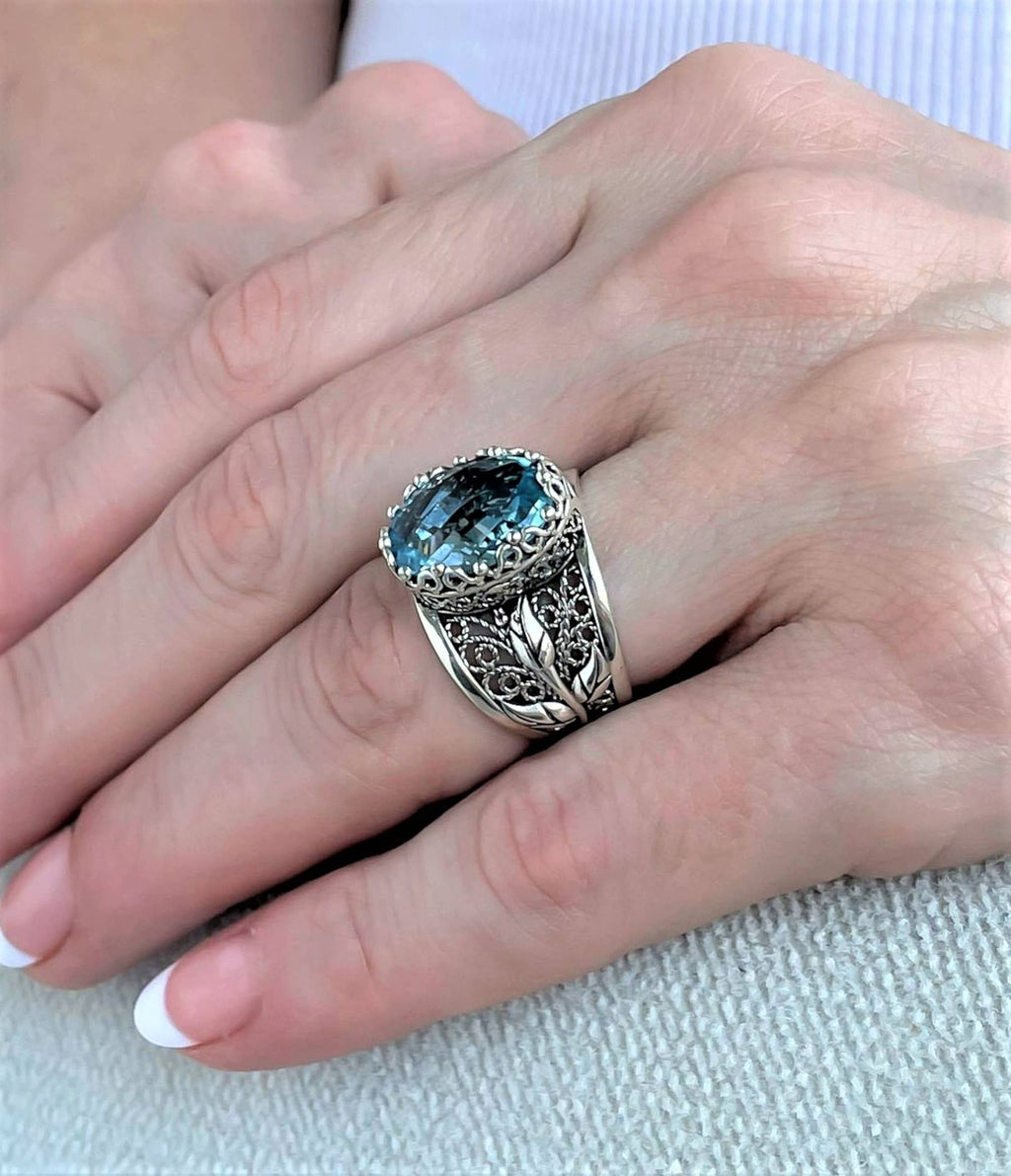 Filigree Art Blue Topaz Gemstone Tulip Detailed Women Sterling Silver Statement Ring: Blue Topaz / 10