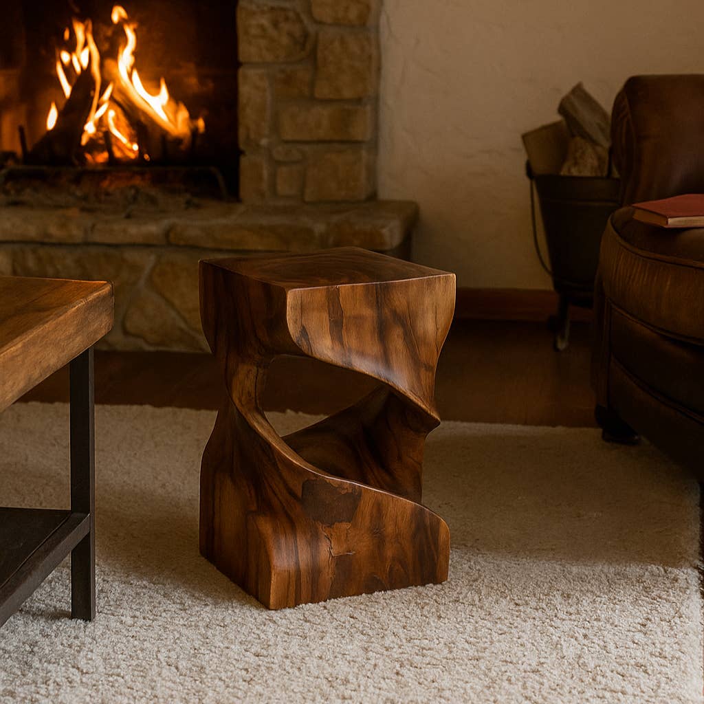 Side Table - Brown Wood Rectangular Unique Twisted, 18 in.