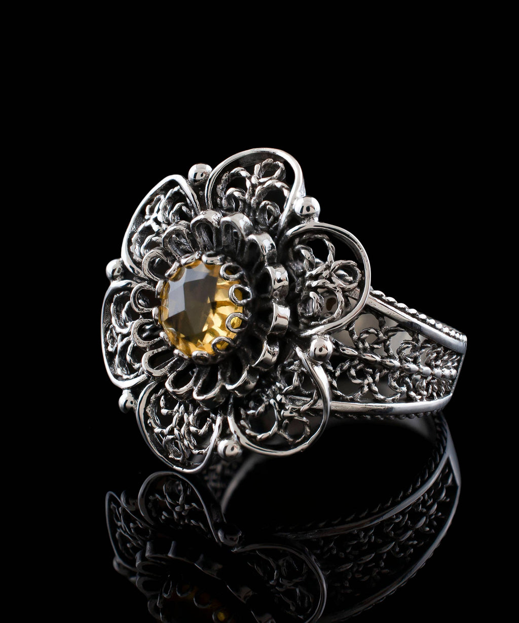 Art Citrine Gemstone Flower Women Silver Ring: 7
