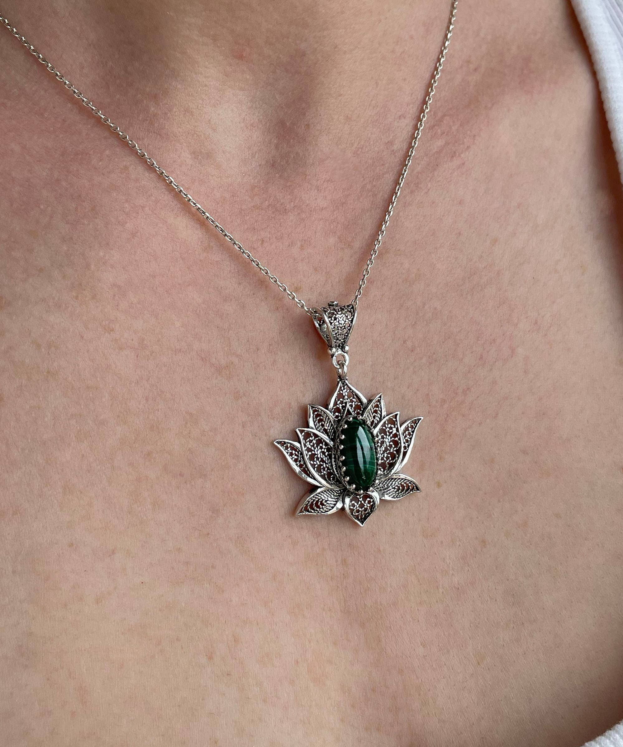 Sterling Silver Filigree Lotus Malachite Gemstone Woman Pendant Necklace: With 20" Silver Chain