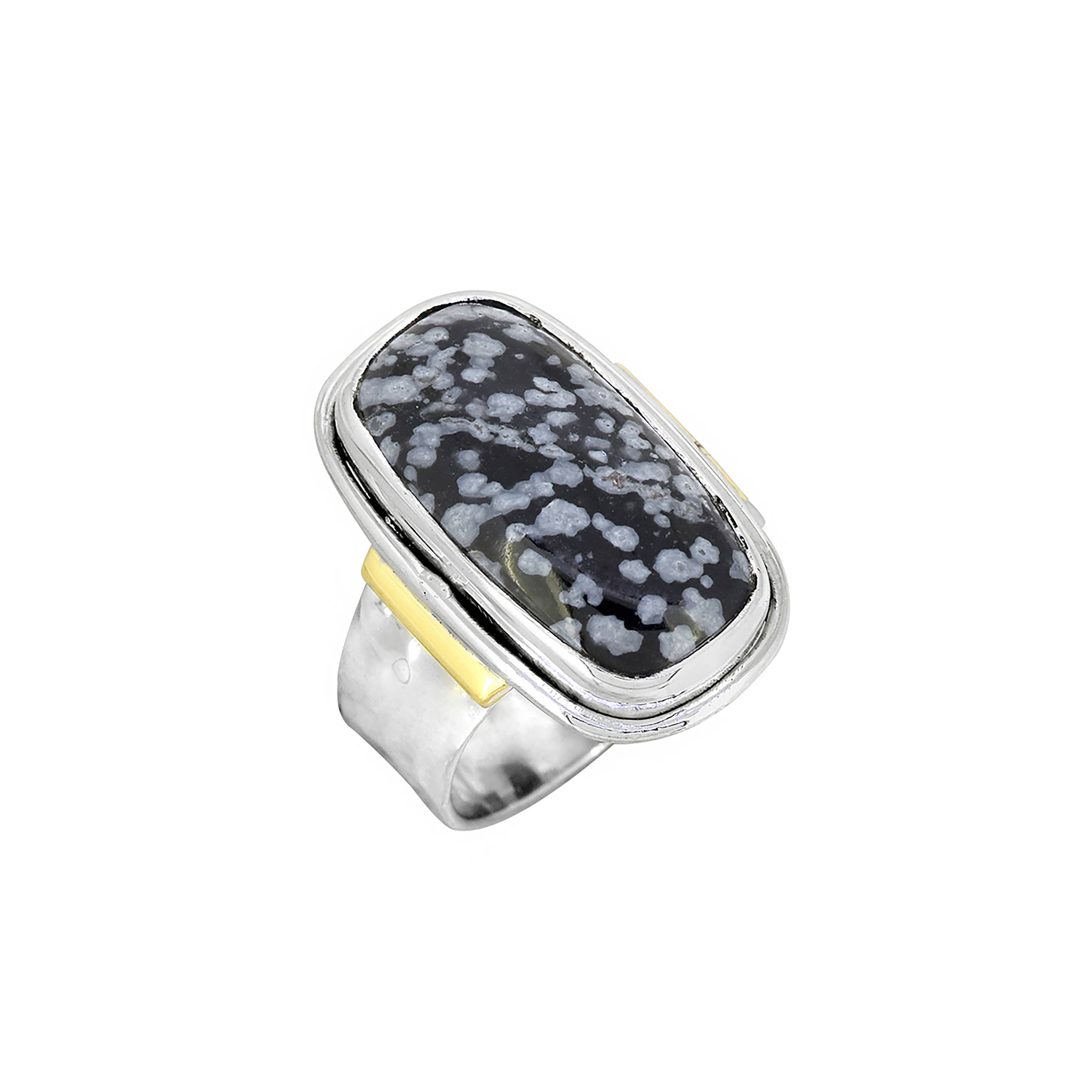 925 Silver Snowflake Obsidion Gemstone Two Tone Ring: 7