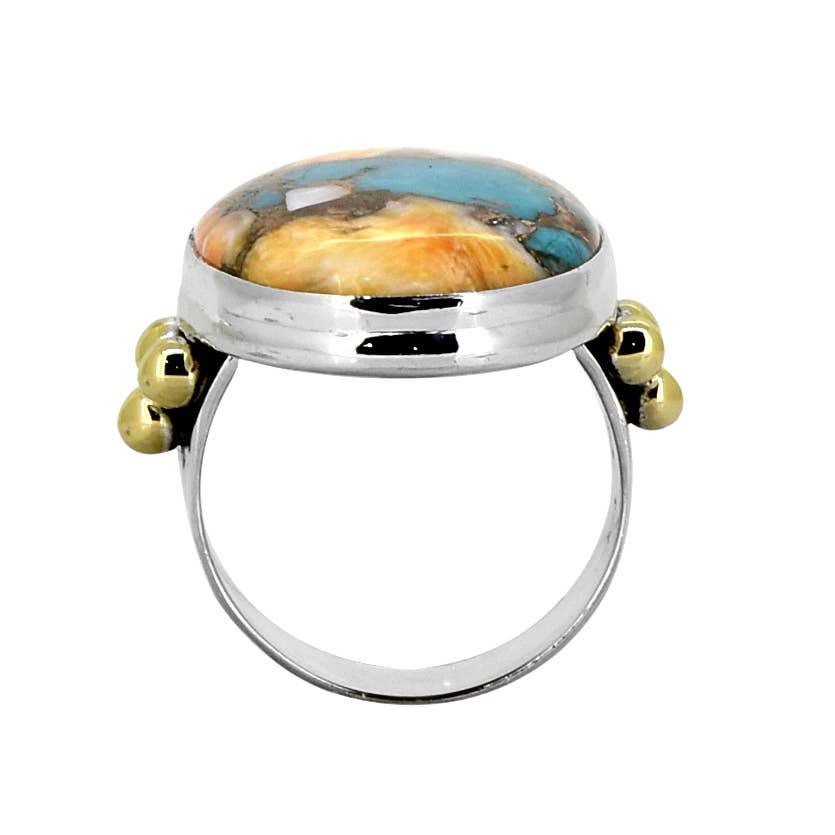 925 Sterling Silver & Brass Oyster Turquoise Statement Ring: 7