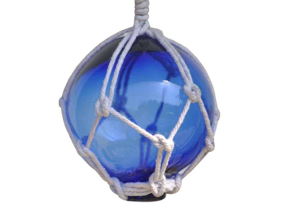 Blue Japanese Glass Ball With White Netting Christmas Ornament 3"