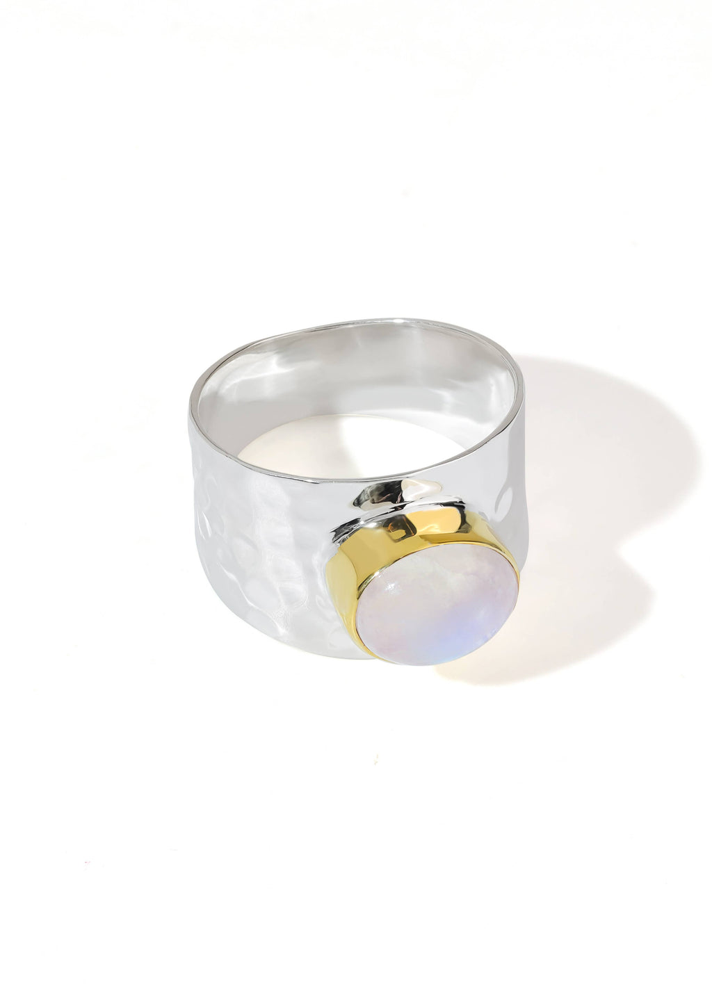 Silver Plated Rainbow Moonstone Statement Textured Ring: 7