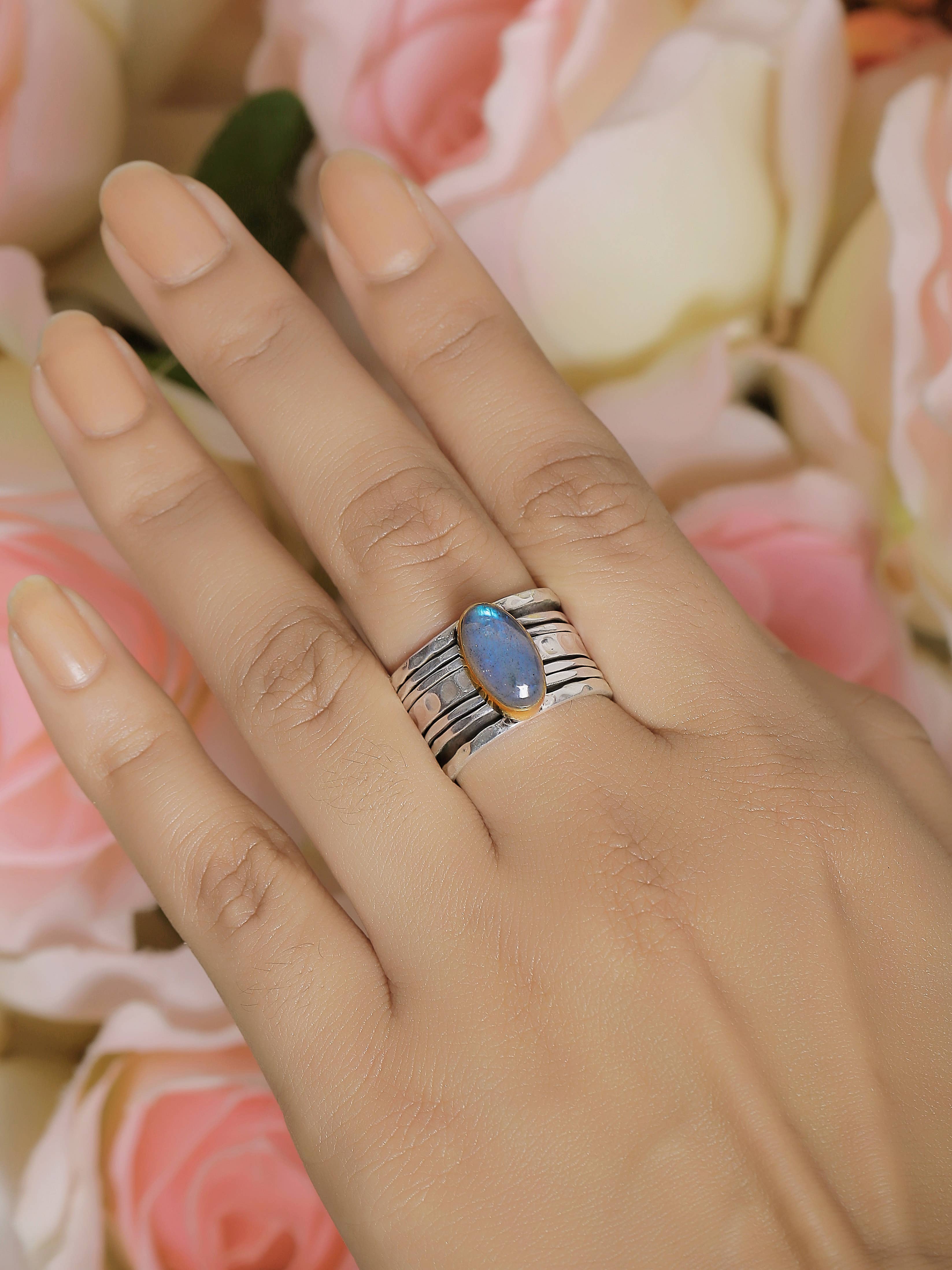 Labradorite 925 Sterling Silver Brass Spinner Ring: 8