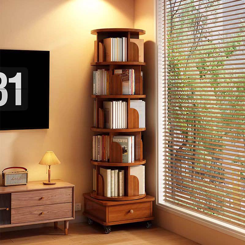 Rotating Wooden Bookcase with Storage Drawer,Swivel Design: White / 5-Tier