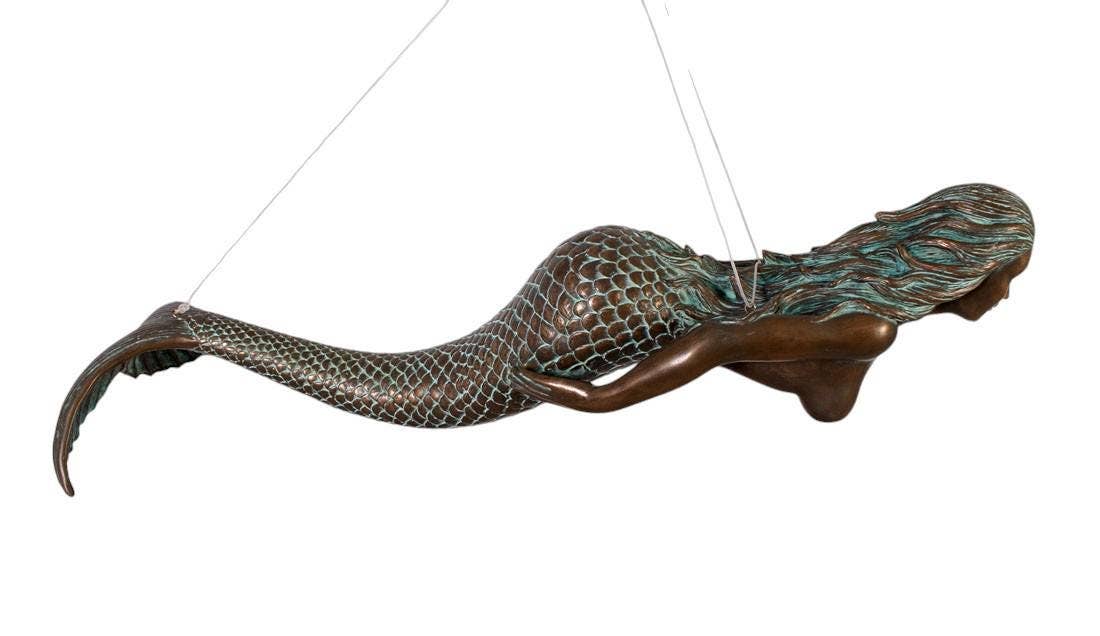 48"L Swimming Mermaid Hanging Sculpture Verde Bronze