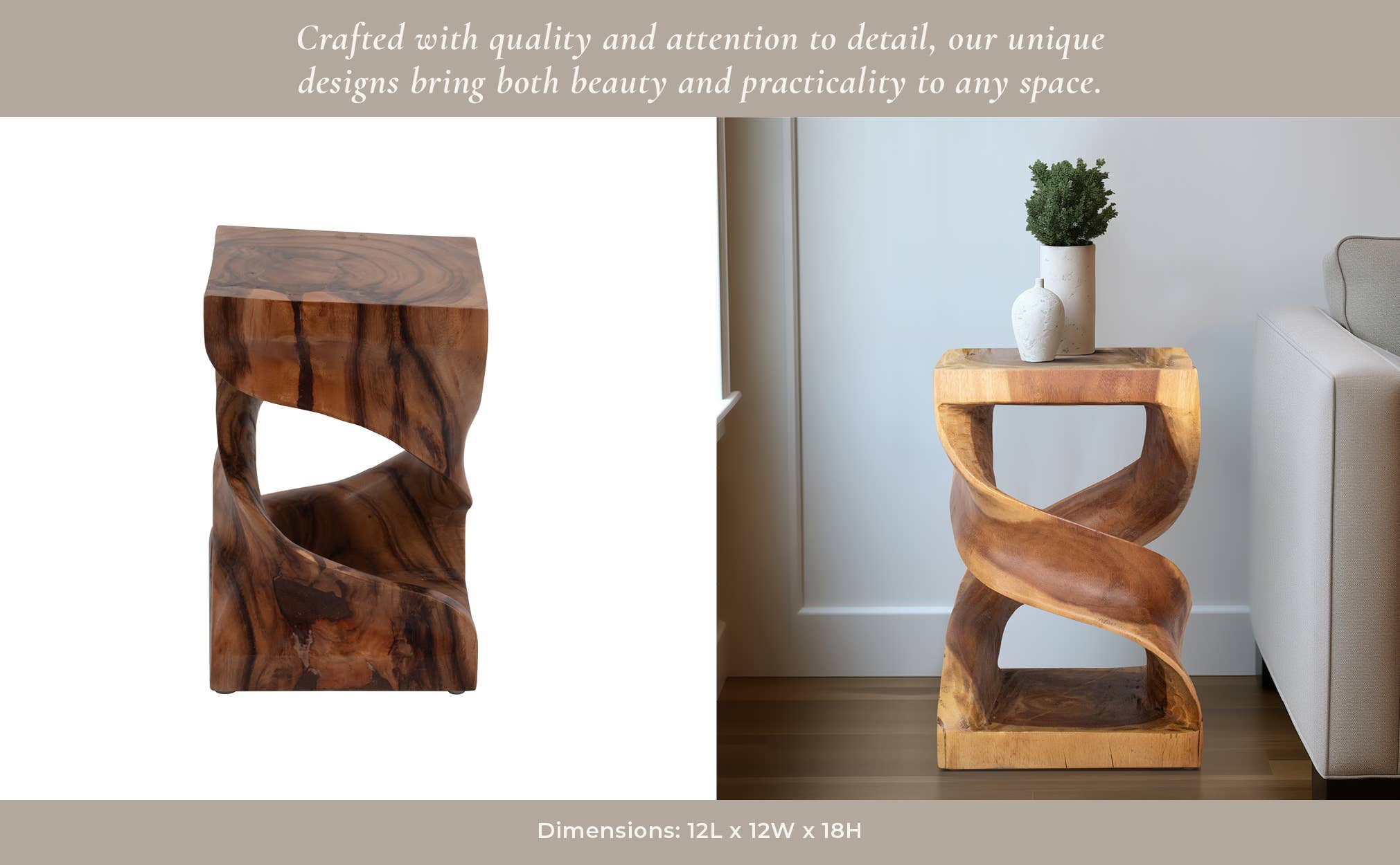 Side Table - Brown Wood Rectangular Unique Twisted, 18 in.