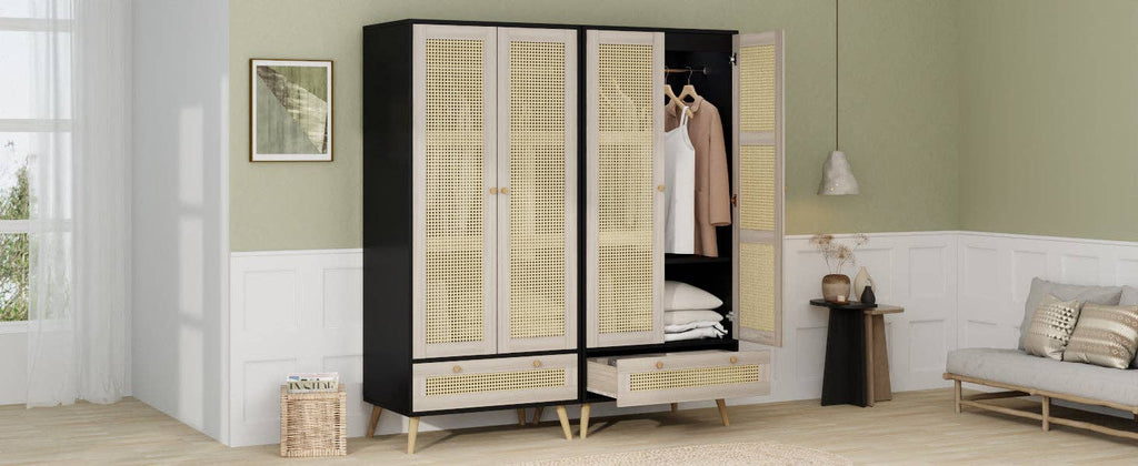 71inH Boho Rattan Armoire Wardrobe with Drawer Natural Black: Default