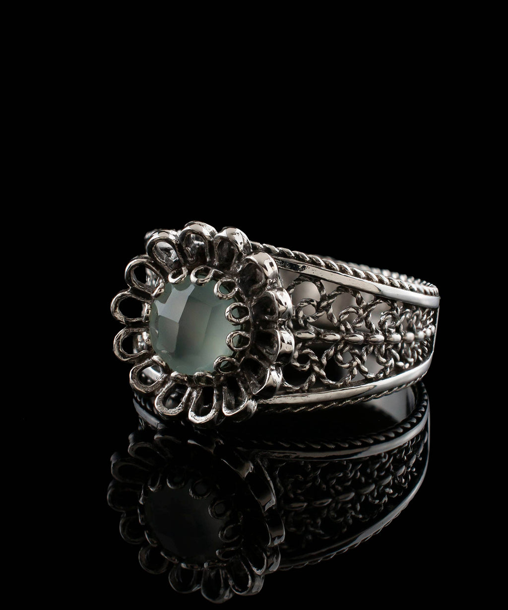 Filigree Art Daisy Figured Aqua Chalcedony Gemstone Women Sterling Silver Cocktail Ring: 7