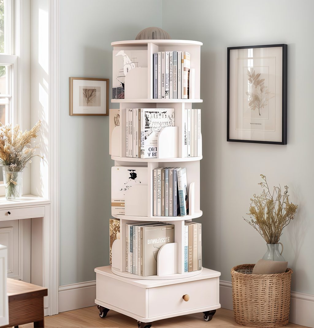 Rotating Wooden Bookcase with Storage Drawer,Swivel Design: White / 5-Tier