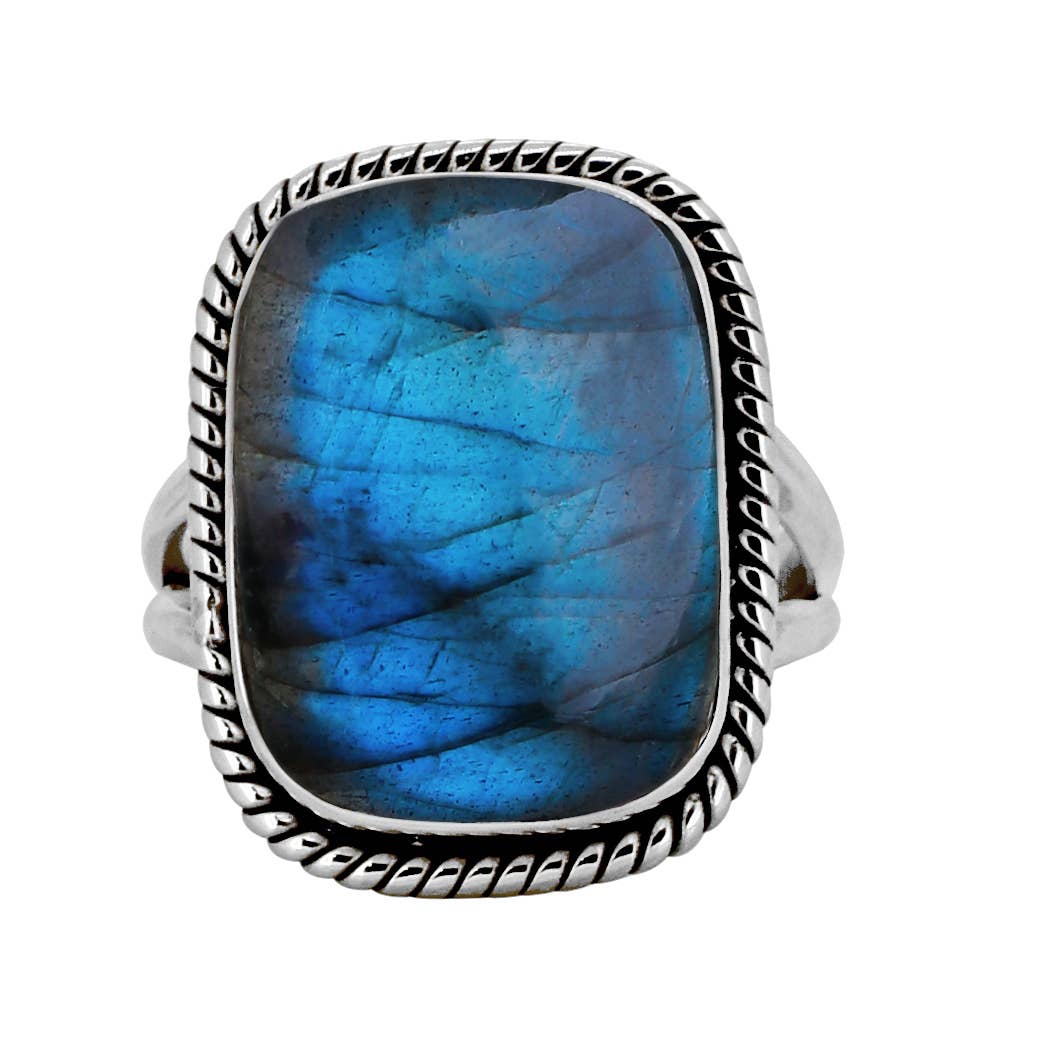 Labradorite 925 Sterling Silver Rope Edge Ring: 9