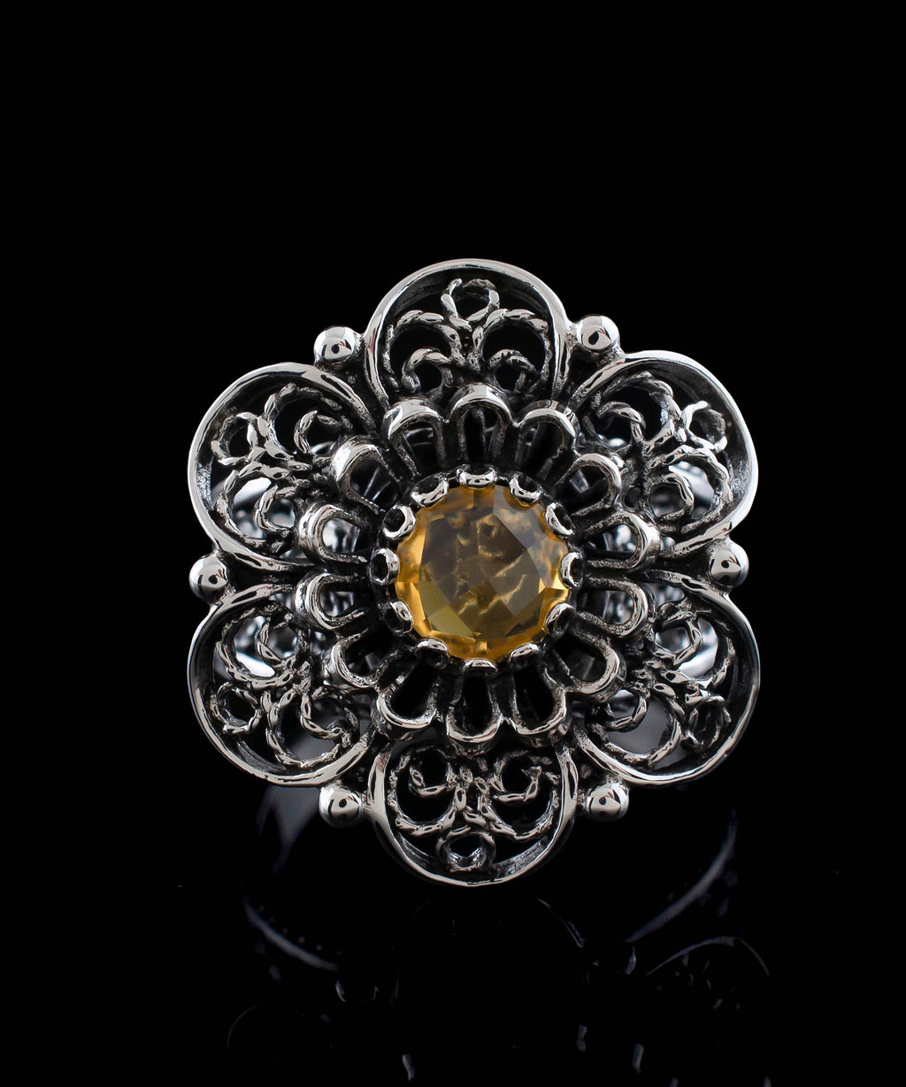 Art Citrine Gemstone Flower Women Silver Ring: 7