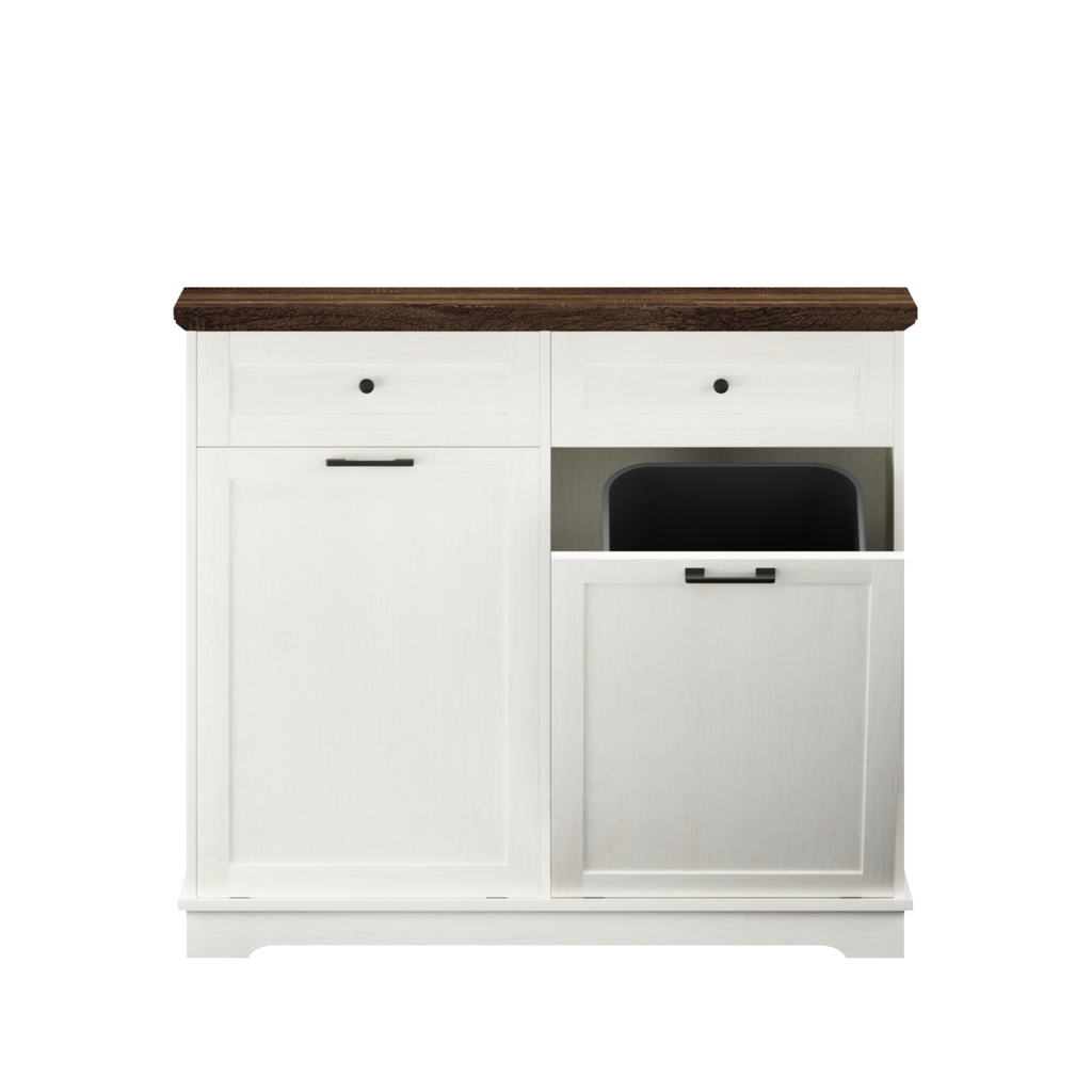 20 Gallon Double Tilt Out Trash Can Cabinet Freestanding Trash Bin Cabinet Wood Garbage Recycling Cabinet with Hideaway Drawer Pet Proof Trash Can Holder for Kitchen Living Room, Antique White: Default