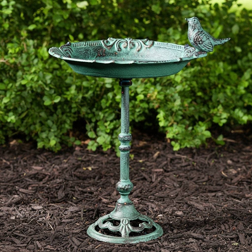 Pedestal Bird Bath Cast Iron Green Patina Garden Decor