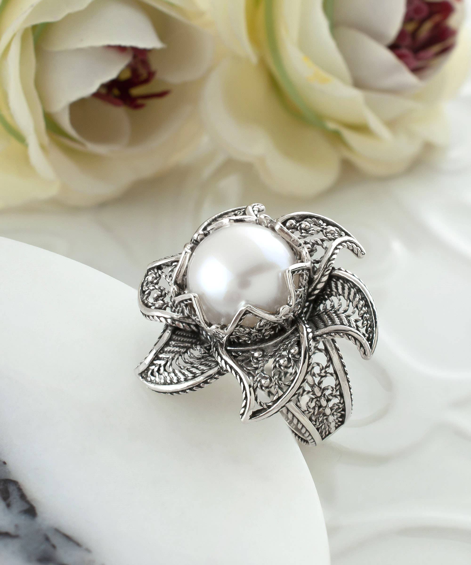 Art Lotus Flower Fresh Water Pearl Women Silver Ring: 8