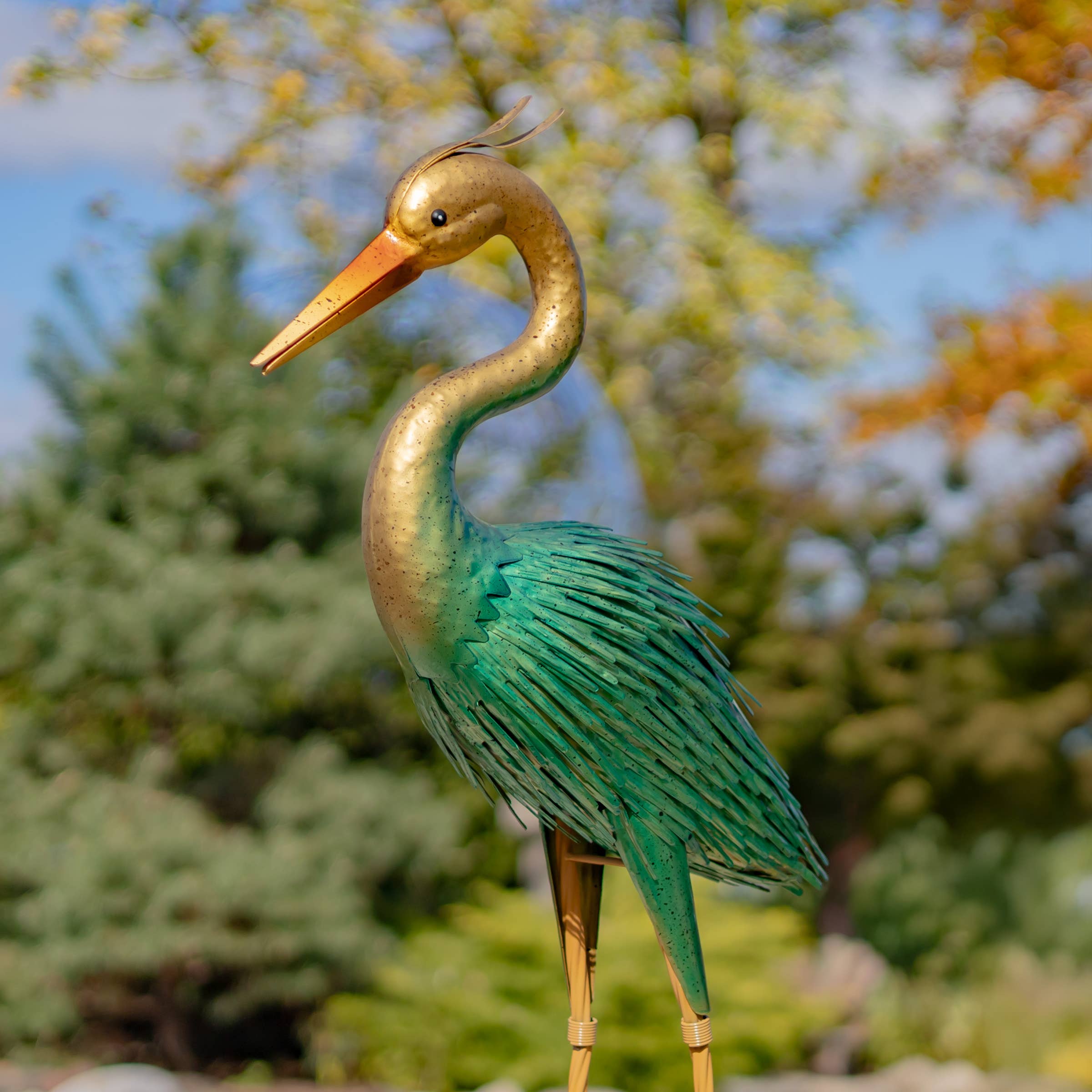 41" Tall Metallic Heron Garden Figurines with Gold Heads
