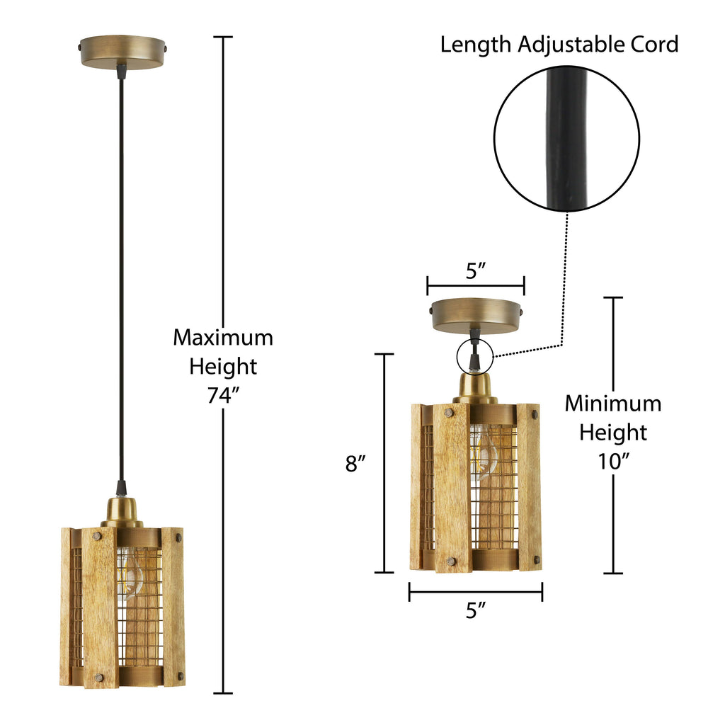 5"W Brushed Gold Metal Pendant Light with Wood Shade