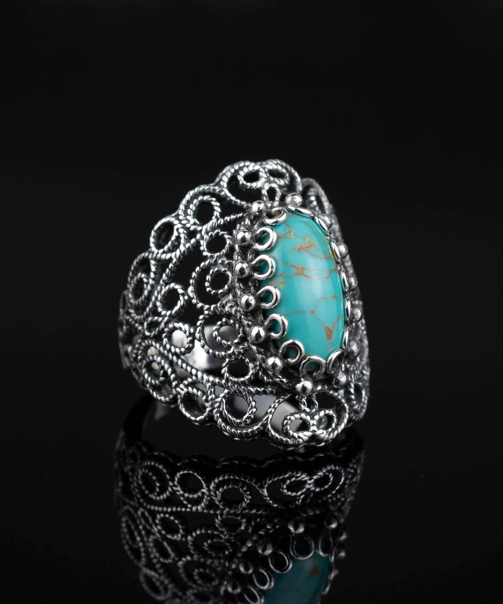 Art Teal Turquoise Gemstone Women Silver Ring: Turquoise / 7