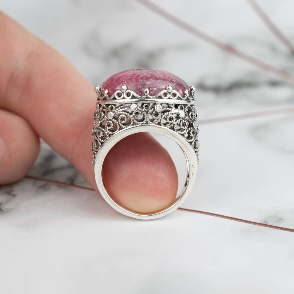 Art Rhodonite Gemstone Woman Sterling Silver Dome Ring: Rhodonite / 7