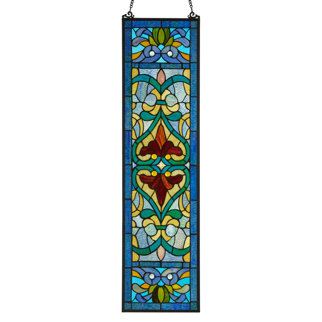 36" Lani Victorian Fleur-De-Lis Stained Glass Window Panel: Blue