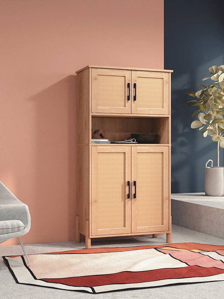Mid-Century Modern 4-Door Storage Cabinet with Rattan Doors