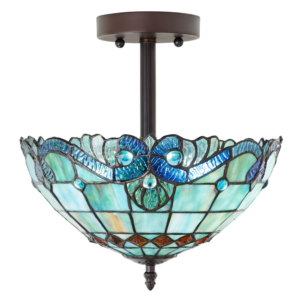 13"H Amelia Blue and Amber Stained Glass Shade Ceiling Light