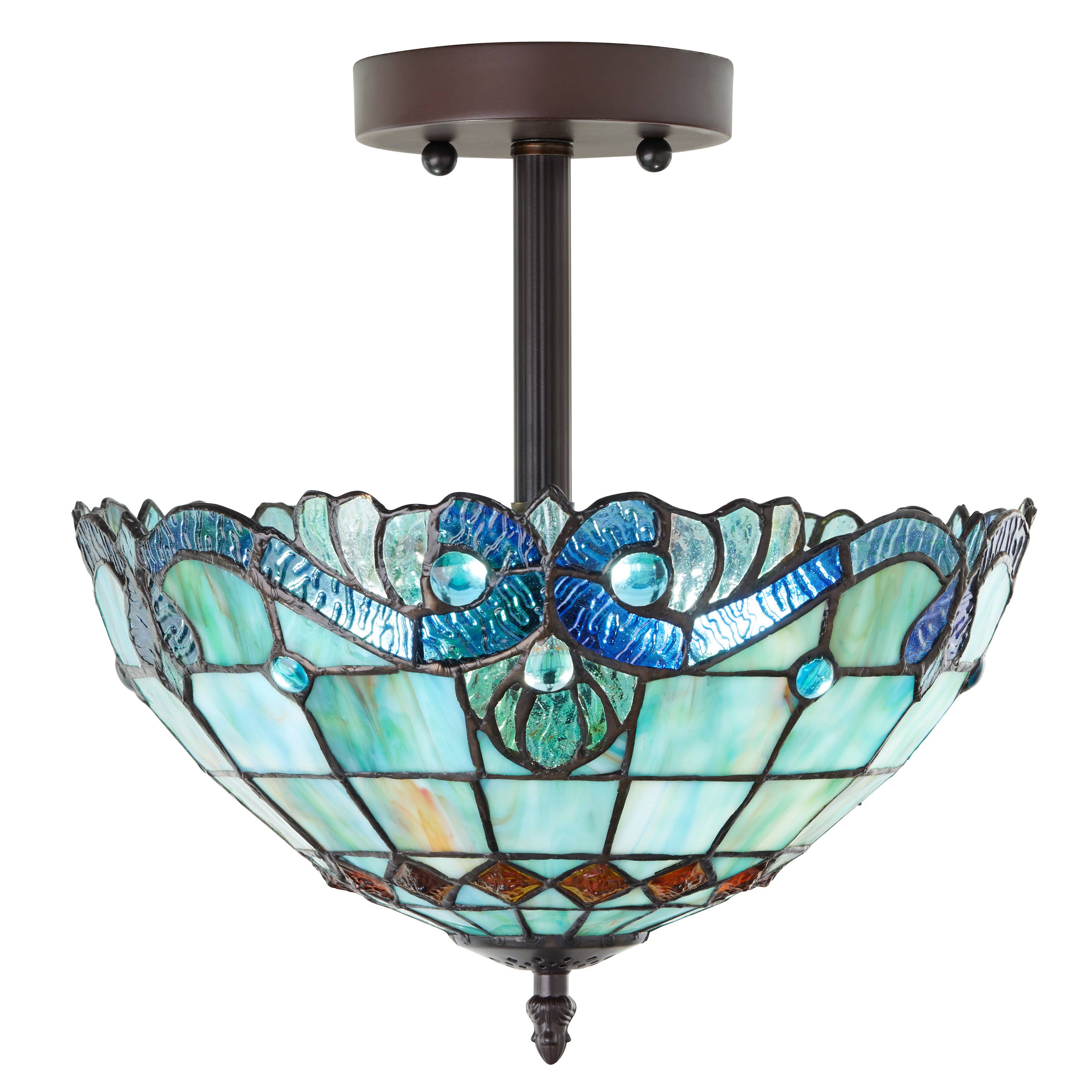 13"H Amelia Blue and Amber Stained Glass Shade Ceiling Light