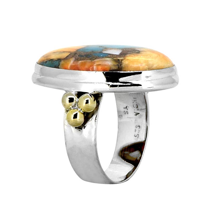 925 Sterling Silver & Brass Oyster Turquoise Statement Ring: 7