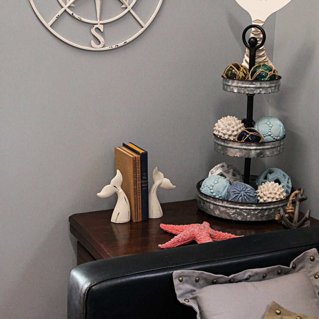 Set of 2 White Cast Iron Whale Tail Bookends