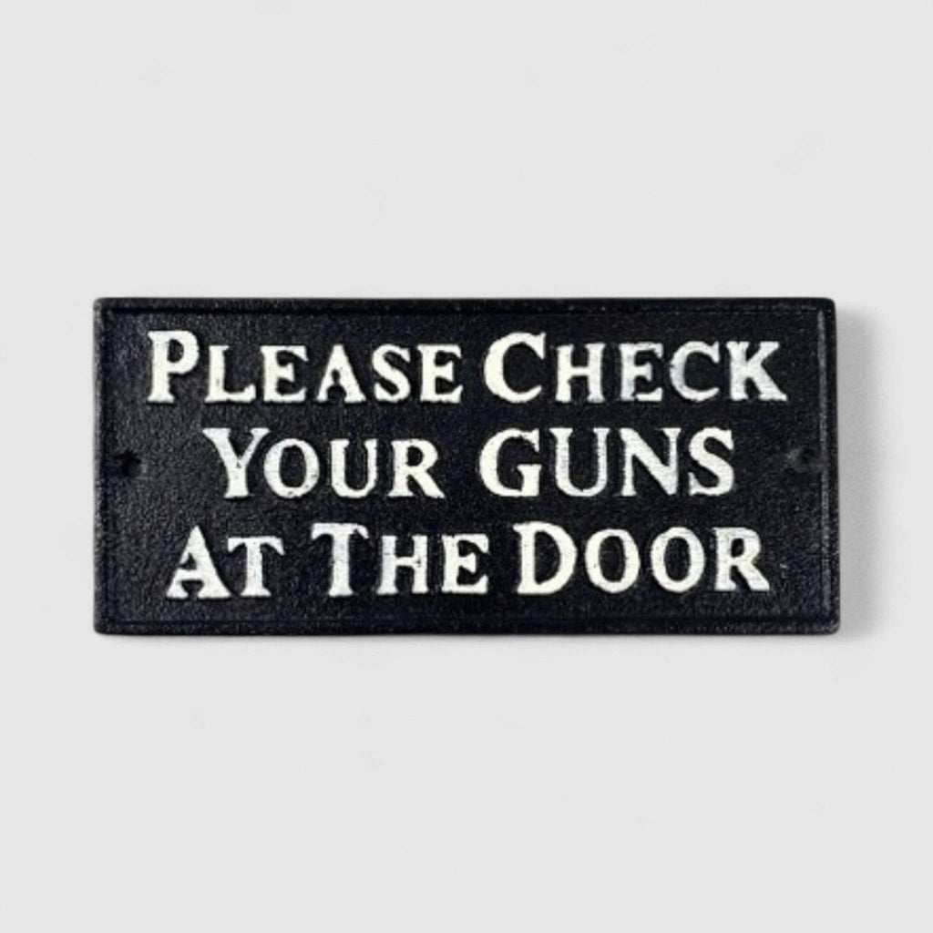 Rugged Cast Iron "Please Check Your Guns at the Door" Sign, Western Saloon Decor