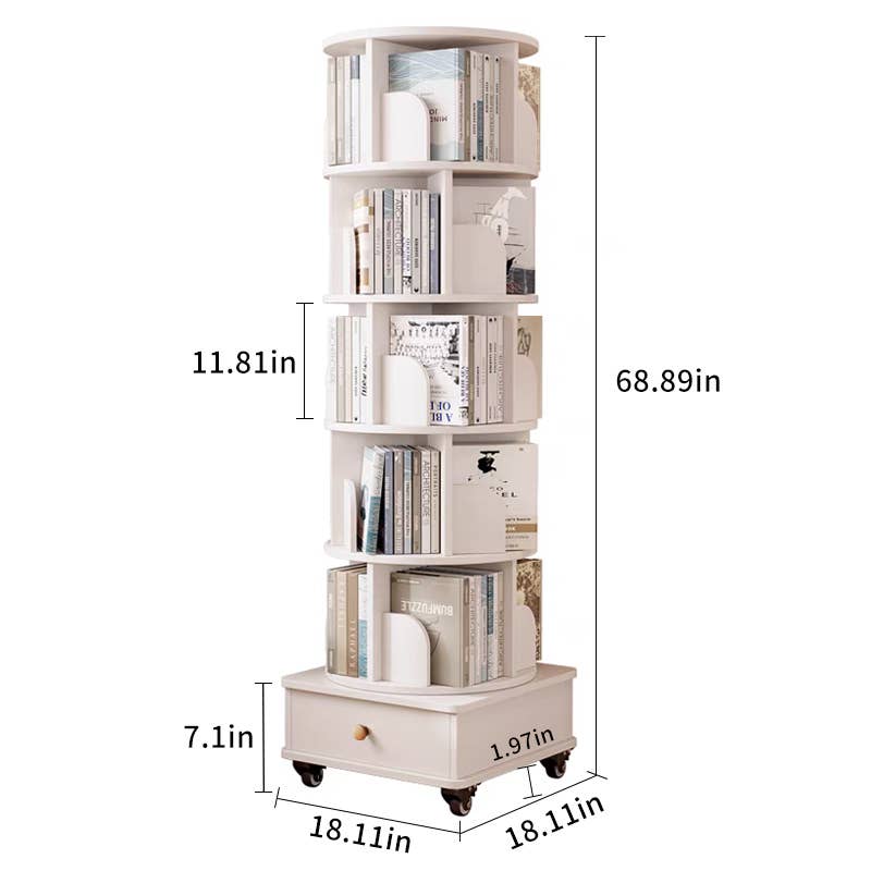 Rotating Wooden Bookcase with Storage Drawer,Swivel Design: White / 5-Tier