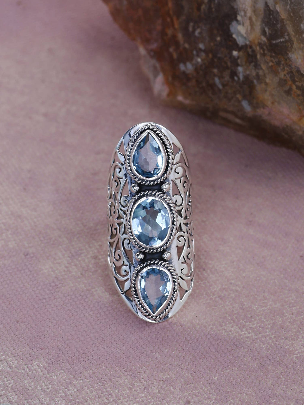 925 Silver Triple Blue Topaz Gem Filigree Precision Ring: 9