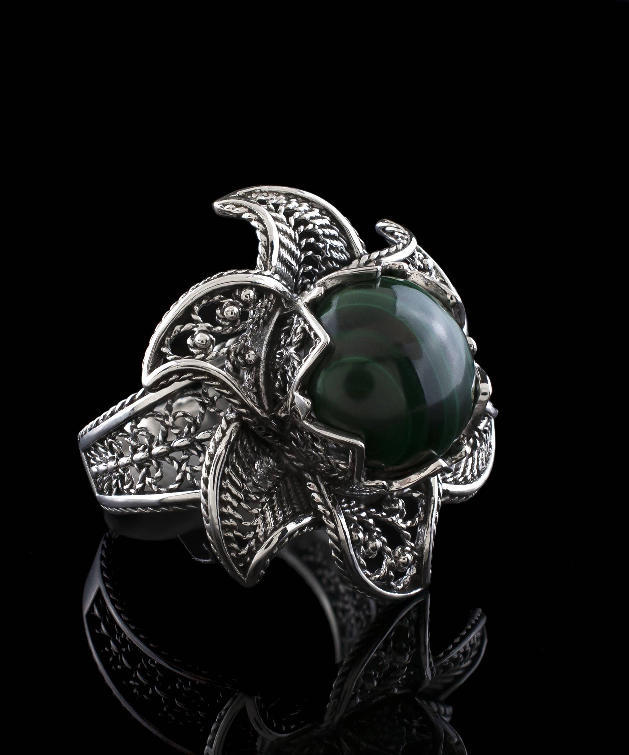 Art Lotus Flower Malachite Gemstone Women Silver Ring: 7