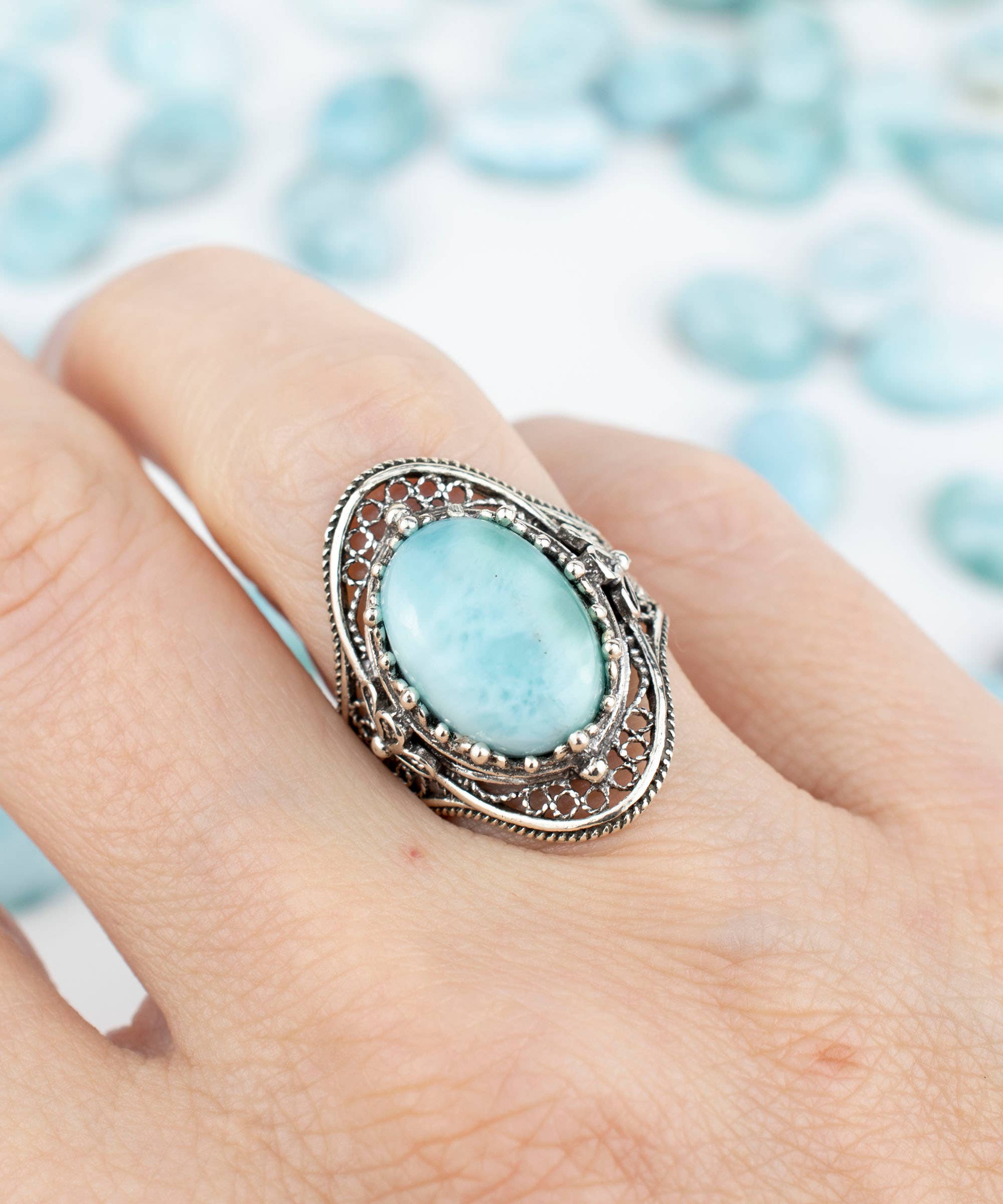Art Larimar Gemstone Woman Sterling Silver Ring: 7