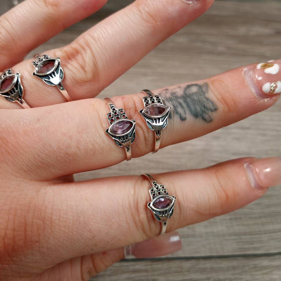 Sterling Silver Ring Hamsa Hand Boho: Amethyst / 8