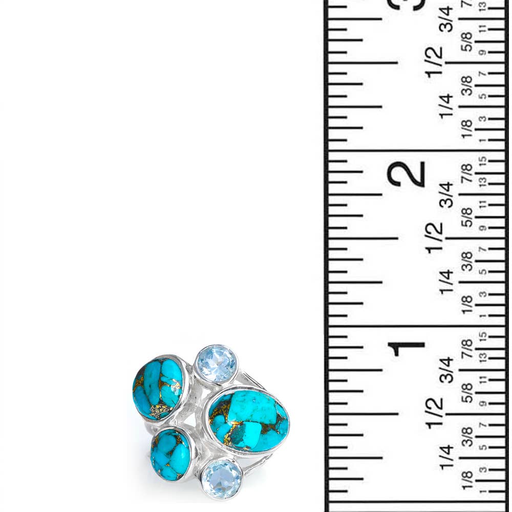 Blue Turquoise & Topaz  925 Sterling Silver Cocktail Ring: 9