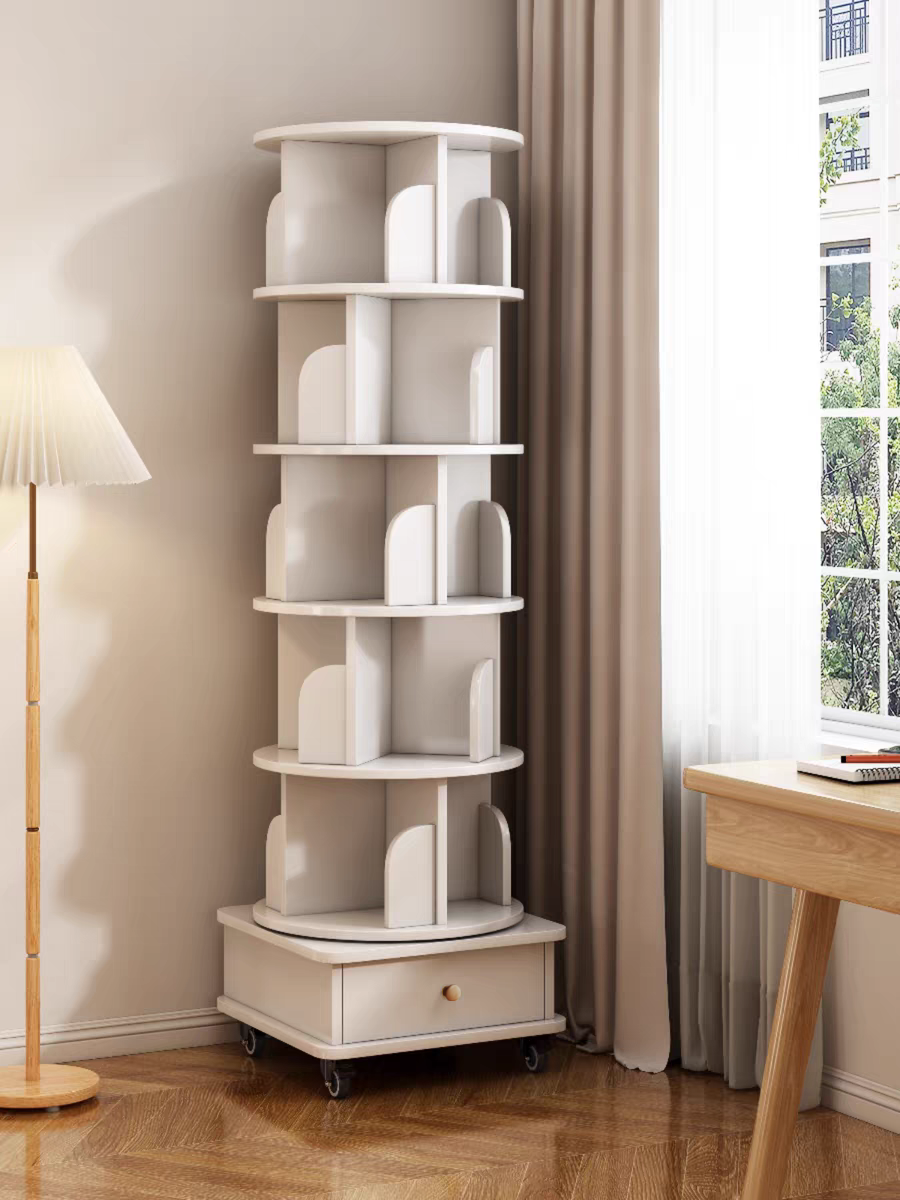 Rotating Wooden Bookcase with Storage Drawer,Swivel Design: White / 5-Tier