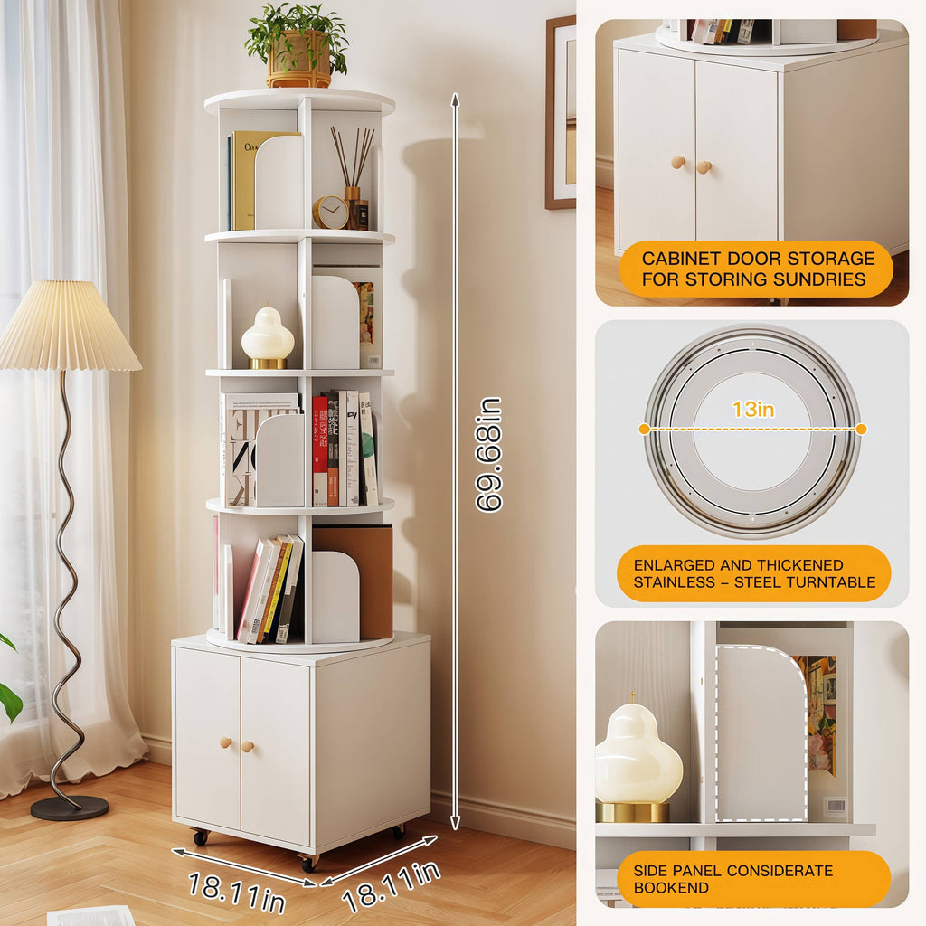 Rotating Wooden Bookcase with Storage Drawer,Swivel Design: White / 5-Tier