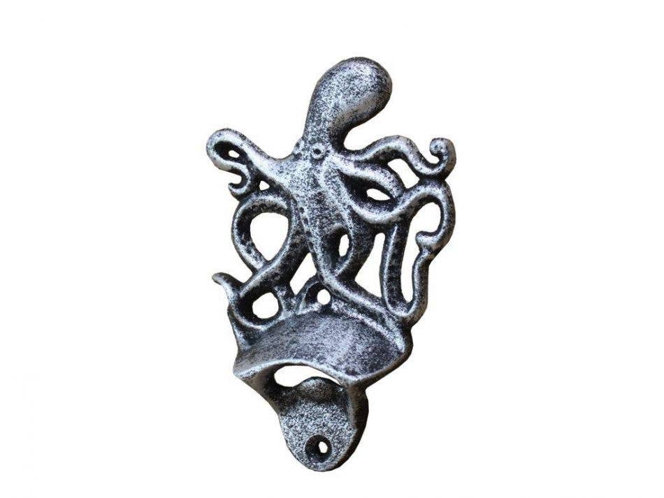 Antique Silver Cast Iron Wall Mounted Octopus Bottle Opener 6"
