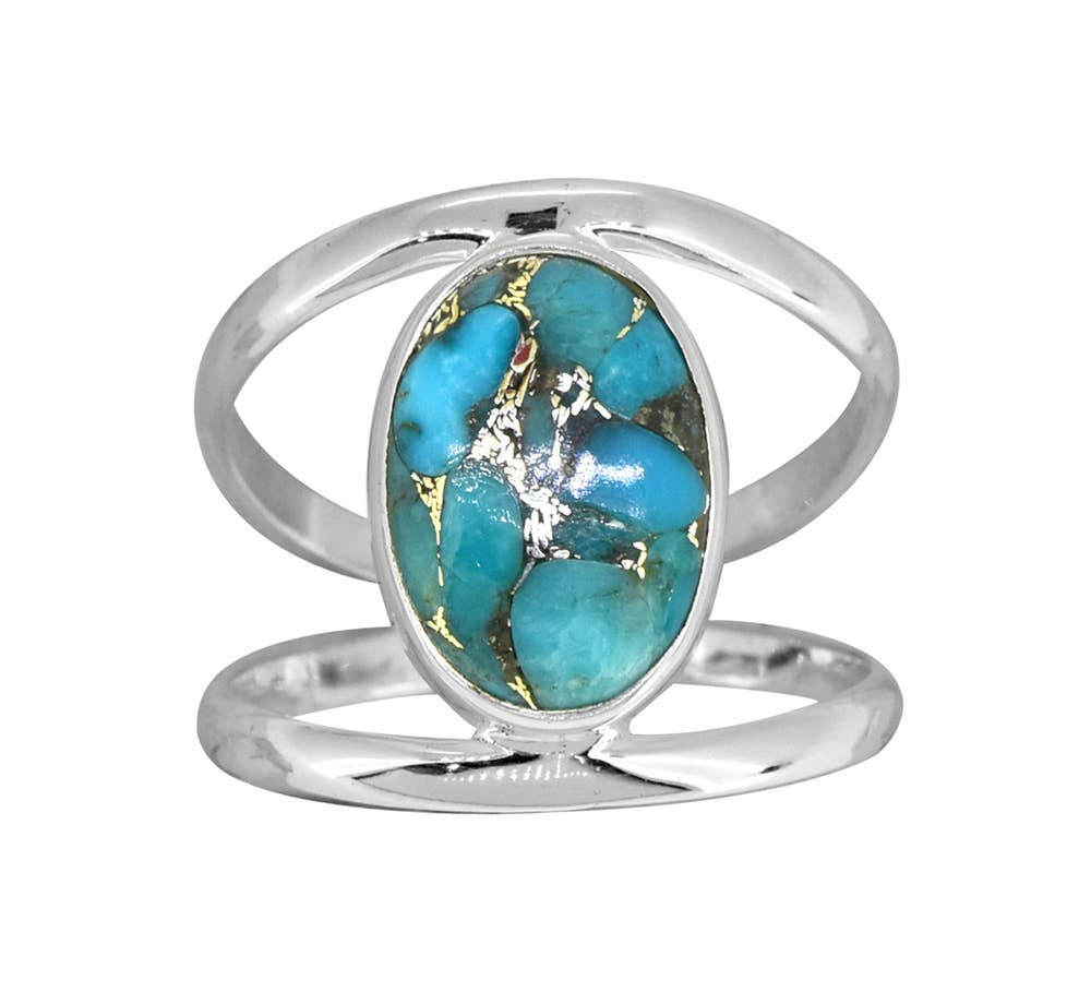 Blue Copper Turquoise 925 Sterling Silver Chunky Bypass Ring: 6