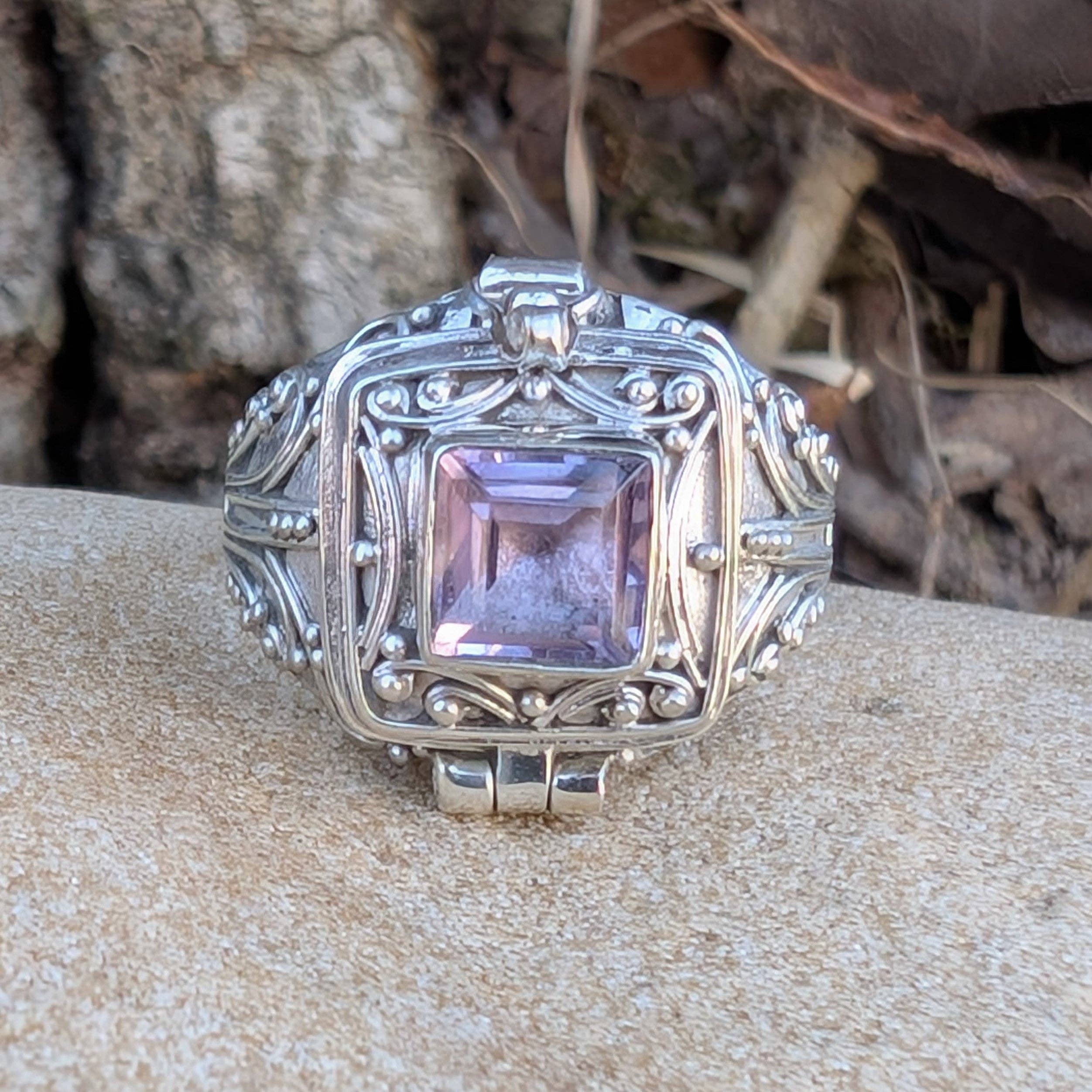 Midnight Elixir - Square Poison Locket Box Sterling Silver Ring: Blue Topaz / 7