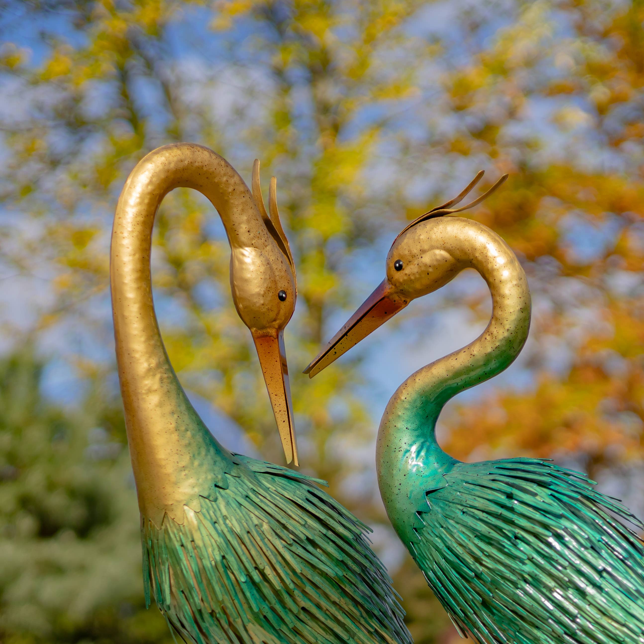 41" Tall Metallic Heron Garden Figurines with Gold Heads
